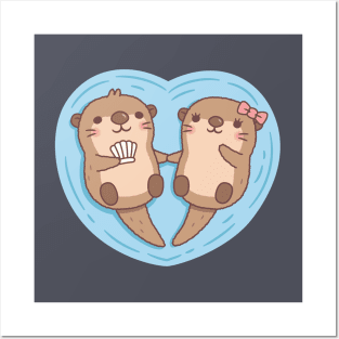 Cute Otters In Love Holding Paws Heart Posters and Art